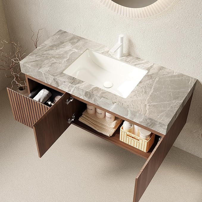 KEIKI 48 Inch Floating Bathroom Vanity with Sink, Modern Wall Mounted Storage Cabinet with Drawer, Pre-Assembled Waterproof Wood Panels, Sintered Stone Top & Ceramic Basin Combo Set, Brown Oak & Grey
