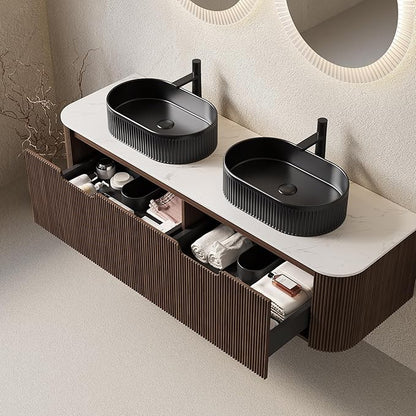 Yayzy 60" Floating Bathroom Vanity with Sink, Solid Wood Fluted Cabinet, Black Fluted Oval Ceramic Basin & Faux Marble Top, Soft-Close Drawer, Pre-Assembled, Walnut Woodgrain