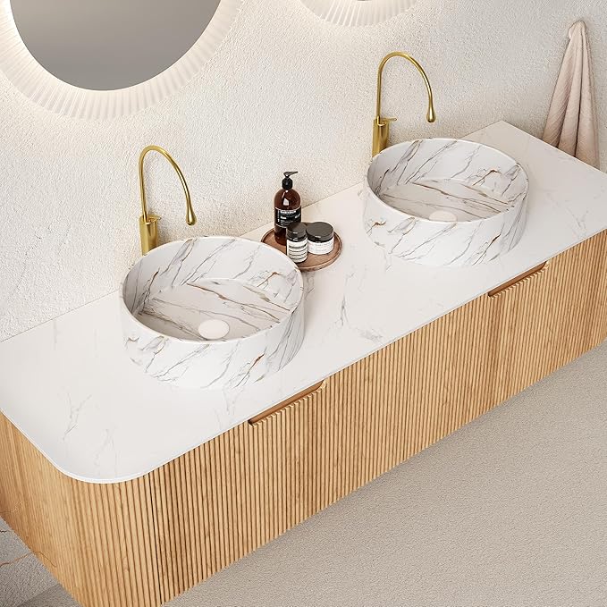 60'' Bathroom Vanities Cabinet with Sink, Wall Mounted Floating Cabinet W/Curved Edges Stripes, Oak Plywood, Soft-close System with 2 Drawer & 2 White Round Ceramic Basin - Kiel, Natural Wood/S