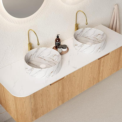 60'' Bathroom Vanities Cabinet with Sink, Wall Mounted Floating Cabinet W/Curved Edges Stripes, Oak Plywood, Soft-close System with 2 Drawer & 2 White Round Ceramic Basin - Kiel, Natural Wood/S