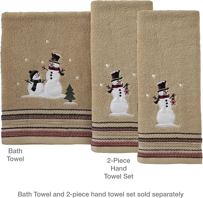 SKL Home Christmas/Winter Rustic Plaid Snowman Hand Towel Set-2pc, Wheat | 100% Cotton. 500 GSM. Soft & absorbent terry with embroidery. Great for the bathroom, kitchen or bar & holiday gifting.