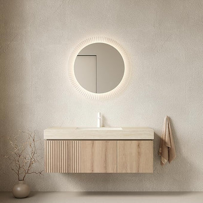 KEIKI 48 Inch Floating Bathroom Vanity with Sink, Modern Wall Mounted Storage Cabinet with Drawer, Pre-assembled Waterproof Wood Panels, Sintered Stone Top & Ceramic Basin Combo Set, White Oak & Beige