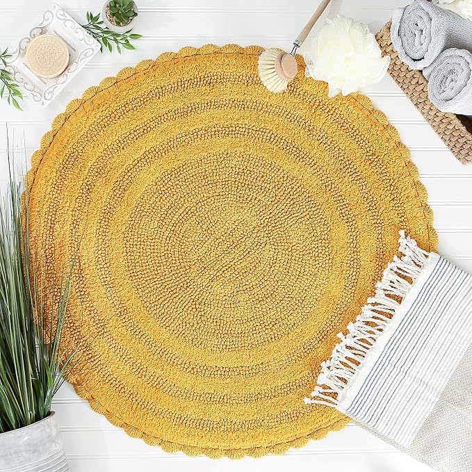 DII Crochet Collection Reversible Bath Mat, Round, 27.5" Diameter, Honey Gold