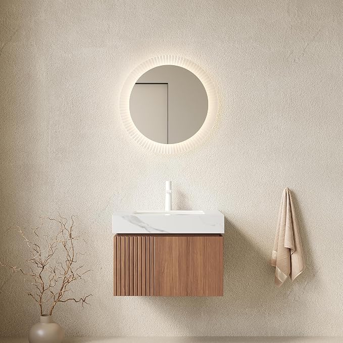 KEIKI 24 Inch Floating Bathroom Vanity with Sink, Brown Oak & White | Modern Wall Mounted Storage Cabinet with 2 Doors, Pre-assembled Wood Panels, Sintered Stone Top & Ceramic Basin Combo Set