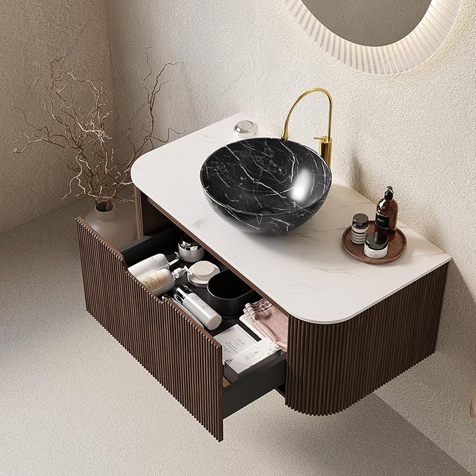 36'' Bathroom Vanities Cabinet with Sink Combo, Wall Mounted Floating Cabinet W/Curved Edges Stripes, Oak Plywood, Soft-Close System with a Drawer, Black Bowl Ceramic Basin - Kiel, Dark Walnut/R