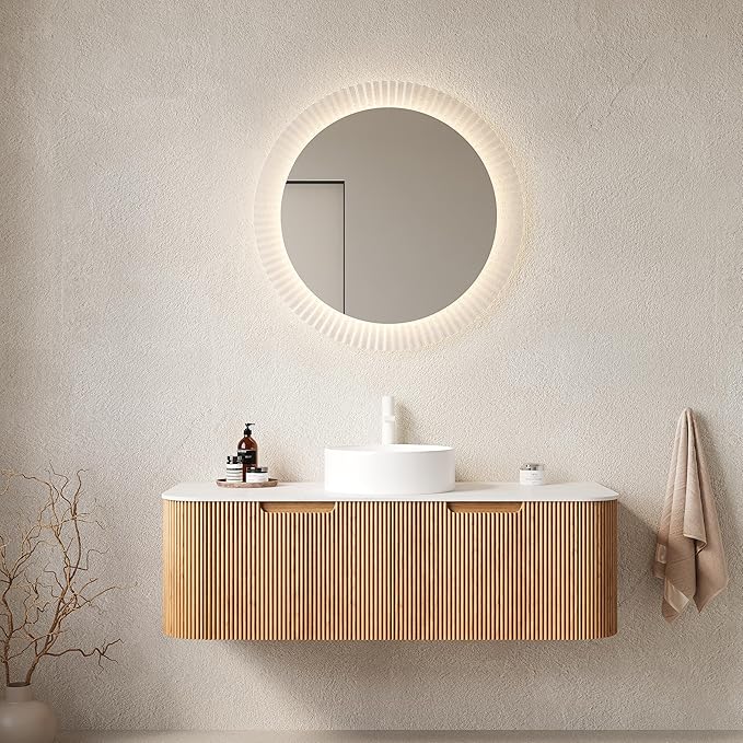 48'' Bathroom Vanities Cabinet with Sink Combo, Wall Mounted Floating Cabinet W/Curved Edges Stripes, Oak Plywood, Soft-close System with 2 Drawer, White Round Ceramic Basin - Kiel, Natural Wood