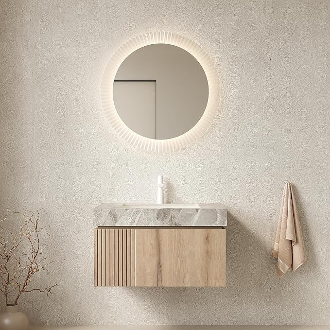 KEIKI 30 Inch Floating Bathroom Vanity with Sink, Modern Wall Mounted Storage Cabinet with Drawer, Pre-Assembled Waterproof Wood Panels, Sintered Stone Top & Ceramic Basin Combo Set, White Oak & Grey