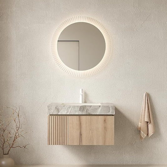 KEIKI 30 Inch Floating Bathroom Vanity with Sink, Modern Wall Mounted Storage Cabinet with Drawer, Pre-Assembled Waterproof Wood Panels, Sintered Stone Top & Ceramic Basin Combo Set, White Oak & Grey