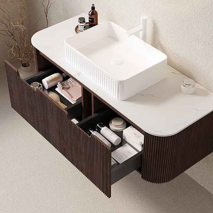 Yayzy 48" Floating Bathroom Vanity with Sink, Solid Wood Fluted Cabinet, White Fluted Square Ceramic Basin & Faux Marble Top, Soft-Close Drawer, Pre-Assembled, Walnut Woodgrain