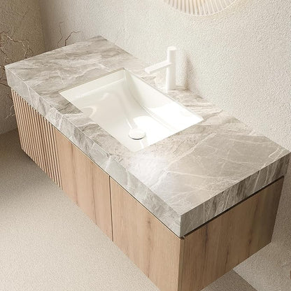 Ambrovina 48" Floating Bathroom Vanity with Sink, Modern Plywood Bathroom Storage Cabinet with Drawer and 2 Doors, Gray Sintered Stone Countertop and White Ceramic Basin, Pre-Assembled, Light Oak