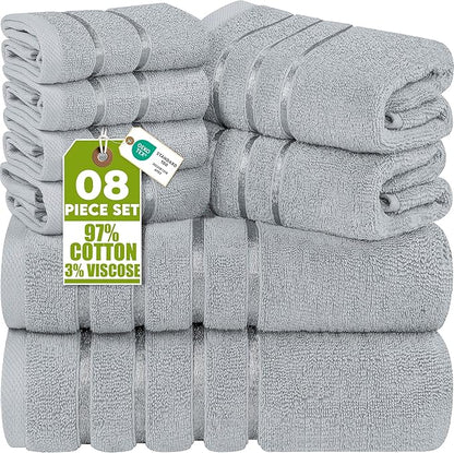 Utopia Towels 8 Piece Luxury Towel Set, 2 Bath, 2 Hand, and 4 Wash Cloths, 600 GSM Ring Spun Cotton, Highly Absorbent Viscose Stripe Towels, Ideal for Everyday use, Cool Grey