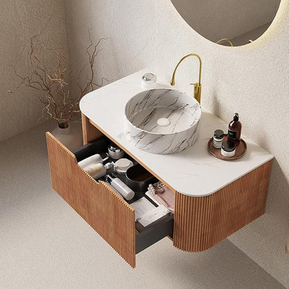 LKTART 36 Inch Floating Bathroom Vanity with Sink, Modern Wall Mounted Bathroom Storage Cabinet with Drawer, Stone Pattern Round White Ceramic Sink Top and Marble Texture Top, Natural Wood
