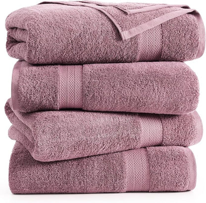 LANE LINEN Bath Towel Set Quick Dry 100% Cotton 4 Piece - Wishful Mauve | Cotton Towels - Classic Terry Weave, Densely Woven, Coordinated Colors, Dobby Border Accent, OEKO-TEX Certified