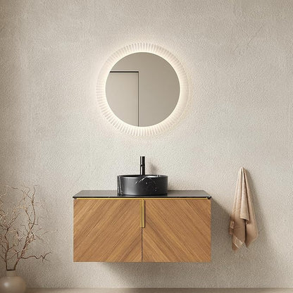 36 Inch Bathroom Vanity with Sink Combo, Floating Vanity Bathroom with Vessel Sink, Modern Bathroom Vanity Cabinet with Doors, Sintered Stone Countertop and Black Round Basin,Brown Oak