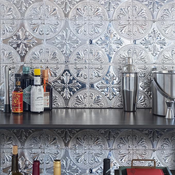 Peel and Stick Metal Backsplash Tiles, Silver Fleur, 10-Pack | 8 x 8 in tile size; Covers up to 4.44 sq ft; Aluminum; Water-resistant surface; For kitchens, ceilings, DIY projects