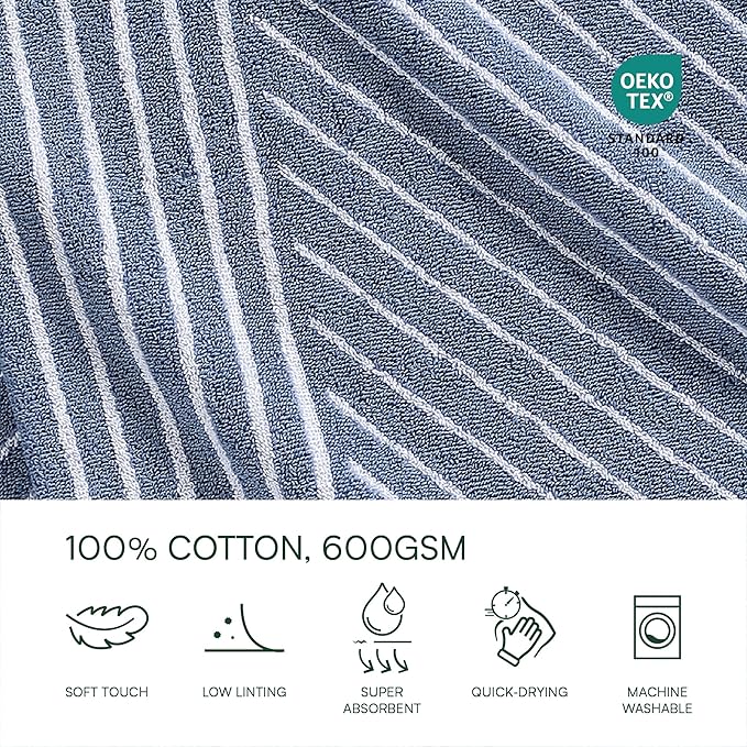 Lacoste Guethary Striped Towel – 100% Cotton, Reversible Modern Geometric Design, Soft & Absorbent, Durable & Lightweight, Machine Washable – Denim, 30"x54" Bath Towel