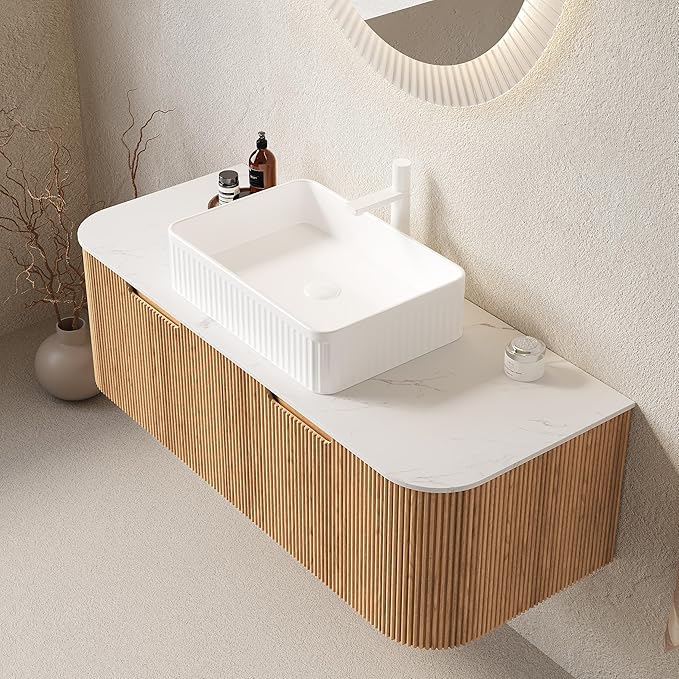 Yayzy 48" Floating Bathroom Vanity with Sink, Solid Wood Fluted Cabinet, White Fluted Square Ceramic Basin & Faux Marble Top, Soft-Close Drawer, Pre-Assembled, Natural Woodgrain