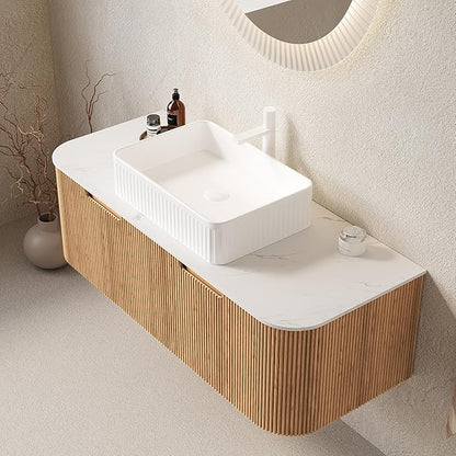 Yayzy 48" Floating Bathroom Vanity with Sink, Solid Wood Fluted Cabinet, White Fluted Square Ceramic Basin & Faux Marble Top, Soft-Close Drawer, Pre-Assembled, Natural Woodgrain