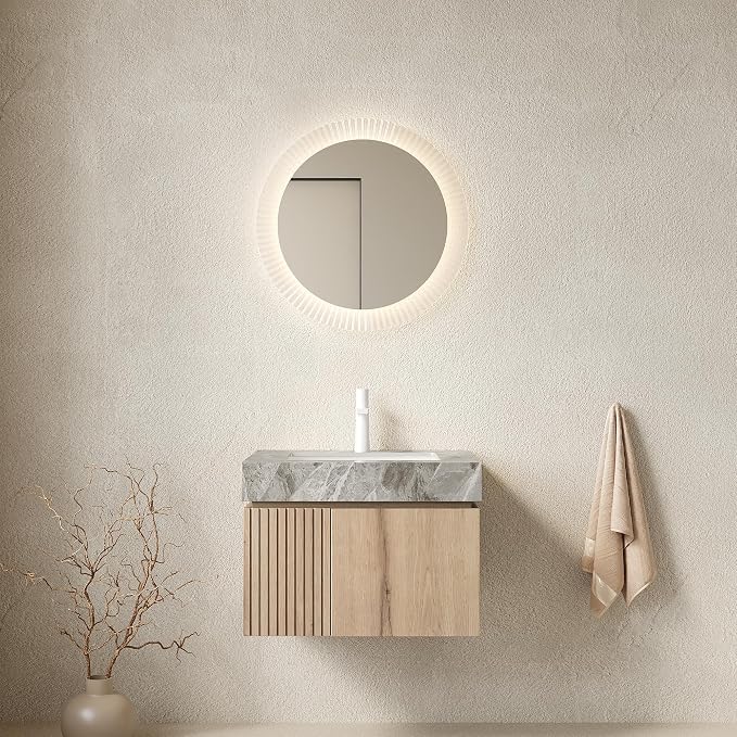 KEIKI 24 Inch Floating Bathroom Vanity with Sink, White Oak & Grey | Modern Wall Mounted Storage Cabinet with 2 Doors, Pre-assembled Wood Panels, Sintered Stone Top & Ceramic Basin Combo Set