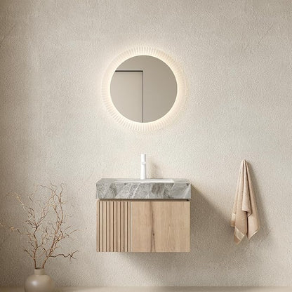 KEIKI 24 Inch Floating Bathroom Vanity with Sink, White Oak & Grey | Modern Wall Mounted Storage Cabinet with 2 Doors, Pre-assembled Wood Panels, Sintered Stone Top & Ceramic Basin Combo Set