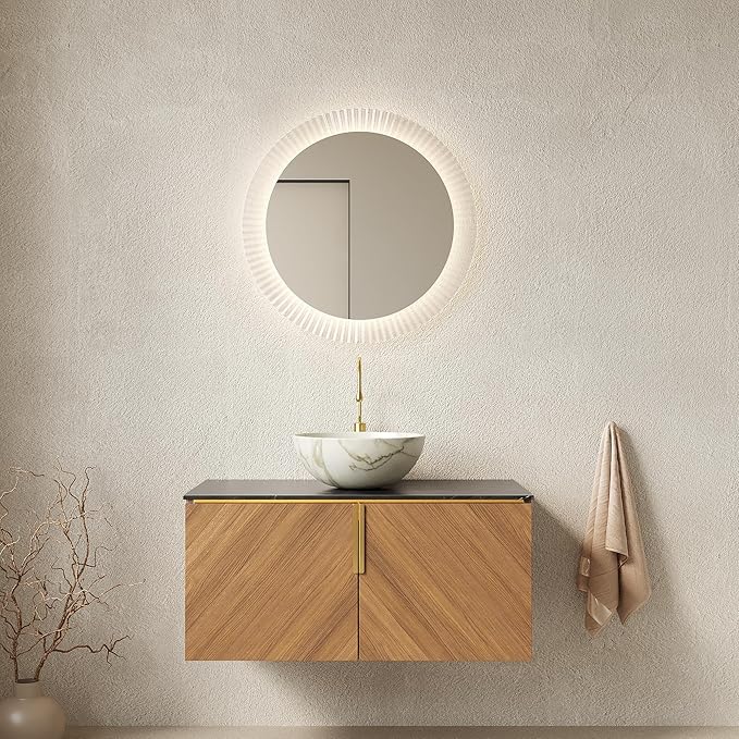 36 Inch Bathroom Vanity with Sink Combo, Floating Vanity Bathroom with Vessel Sink, Modern Bathroom Vanity Cabinet with Doors, Sintered Stone Countertop and Bowl Sink,Brown Oak