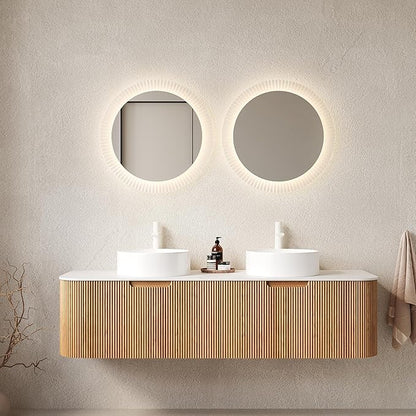 60'' Bathroom Vanities Cabinet with Sink, Wall Mounted Floating Cabinet W/Curved Edges Stripes, Oak Plywood, Soft-Close System with a Drawer & 2 White Round Ceramic Basin - Kiel, Natural Wood