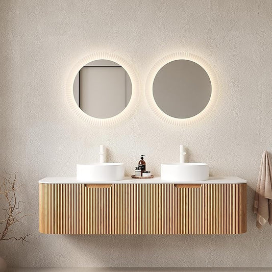 60'' Bathroom Vanities Cabinet with Sink, Wall Mounted Floating Cabinet W/Curved Edges Stripes, Oak Plywood, Soft-Close System with a Drawer & 2 White Round Ceramic Basin - Kiel, Natural Wood