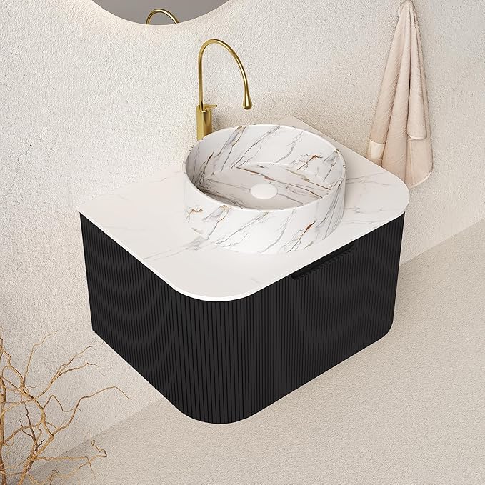 Yayzy 24" Floating Bathroom Vanity with Sink, Solid Wood Fluted Cabinet, White Marble-Patterned Ceramic Basin & Faux Marble Top, Soft-Close Drawer, Pre-Assembled, Gloss Black