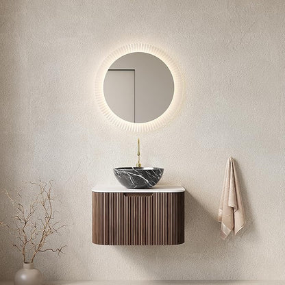 Yayzy 24" Floating Bathroom Vanity with Sink, Solid Wood Fluted Cabinet, White Marble-Patterned Ceramic Basin & Faux Marble Top, Soft-Close Drawer, Pre-Assembled, Walnut Woodgrain