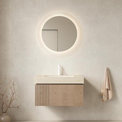 KEIKI 30 Inch Floating Bathroom Vanity with Sink, Light Brown & Beige | Modern Wall Mounted Storage Cabinet w/ Drawer & Door, Pre-assembled Wood Panels, Sintered Stone Top & Ceramic Basin Combo Set