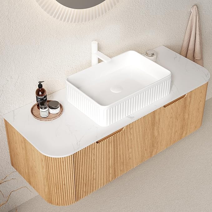 LKTART 48 Inch Floating Bathroom Vanity with Sink, Modern Wall Mounted Bathroom Storage Cabinet with Drawer, Square White Ceramic Sink Top and Marble Texture Top, Natural Wood