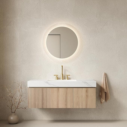 KEIKI 48 Inch Floating Bathroom Vanity with Sink, White Oak & White | Modern Wall Mounted Storage Cabinet w/ Drawer & Door, Pre-assembled Wood Panels, Sintered Stone Top & Ceramic Basin Combo Set