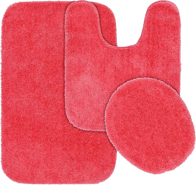 Garland Rug Traditional Nylon Washable Pink Hibiscus 3 Piece Set - Lid, Contour, Bath Rug - Soft, Absorbent, and Stylish for Your Bathroom