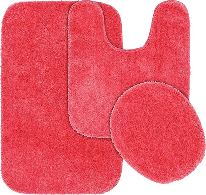 Garland Rug Traditional Nylon Washable Pink Hibiscus 3 Piece Set - Lid, Contour, Bath Rug - Soft, Absorbent, and Stylish for Your Bathroom