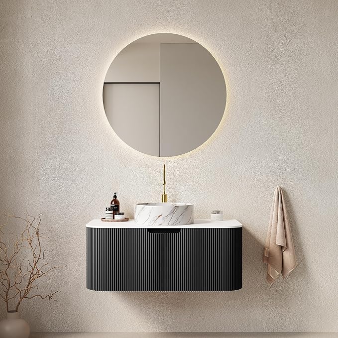 Yayzy 36" Floating Bathroom Vanity with Sink, Solid Wood Fluted Cabinet, White Marble-Patterned Ceramic Basin & Faux Marble Top, Soft-Close Drawer, Pre-Assembled, Gloss Black
