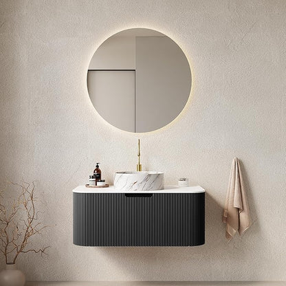 36'' Floating Vanity with Sink Combo, Modern Wall-Mounted Curved Edges Striped Bathroom Storage Cabinet with Soft-Close Drawer and White Stone Pattern Basin, Black