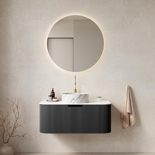 36'' Floating Vanity with Sink Combo, Modern Wall-Mounted Curved Edges Striped Bathroom Storage Cabinet with Soft-Close Drawer and White Stone Pattern Basin, Black