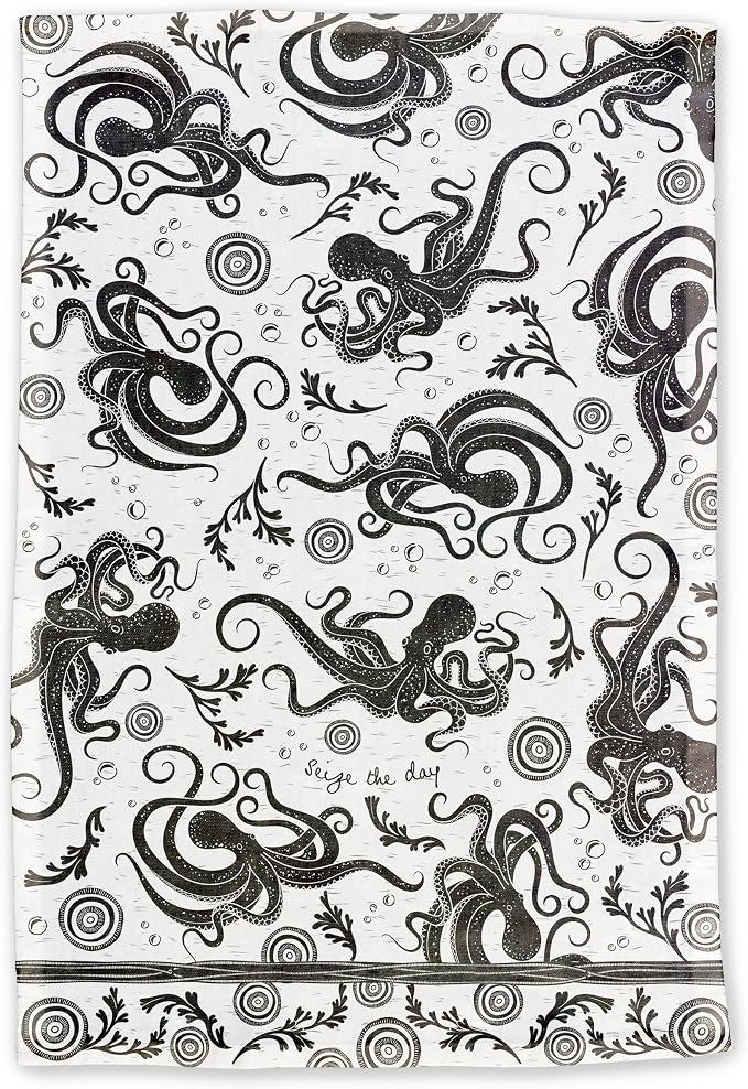 Karma Gifts KA101944 Black And White Boho Tea Towel,Cotton, Octopus 18" x 22"
