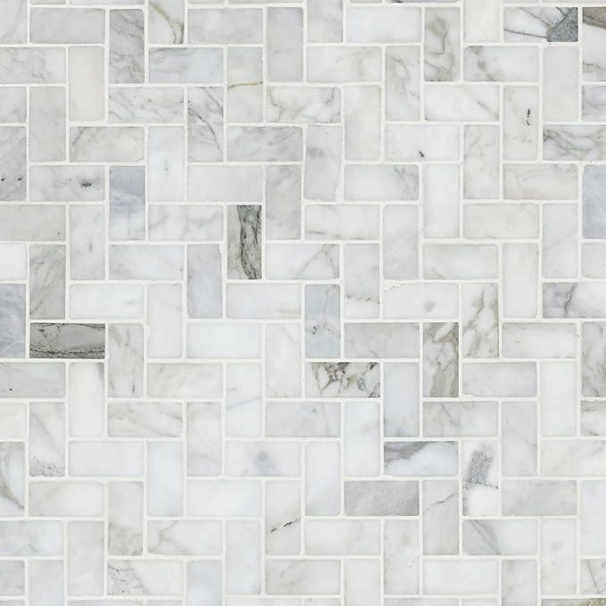MSI Calacatta Cressa Herringbone Honed Marble Tile for Kitchen Backsplash, Wall Tile for Bathroom, Accent Wall Tile, and Shower Wall Tile, Mesh-Mounted Mosaic Tile, 11.61 x 11.61, White, 10 Piece