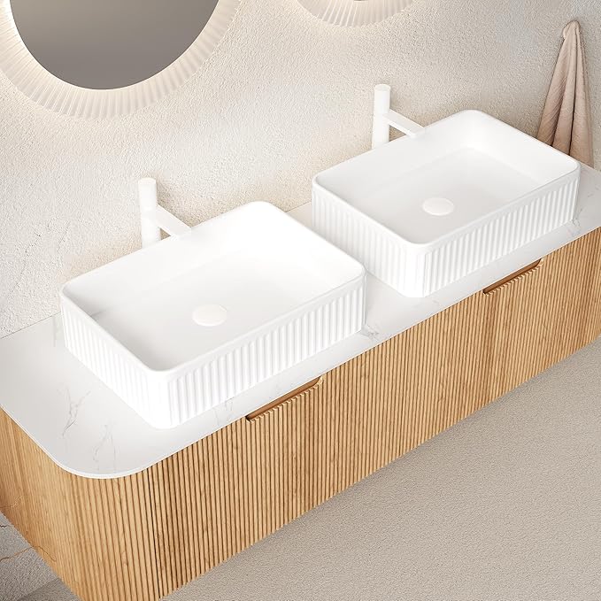 60'' Bathroom Vanities Cabinet with Sink, Wall Mounted Floating Cabinet W/Curved Edges Stripes, Oak Plywood, Soft-Close System with 2 Drawer & White Rectangular Ceramic Basin - Kiel, Natural Wood/W
