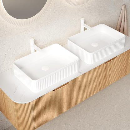 60'' Bathroom Vanities Cabinet with Sink, Wall Mounted Floating Cabinet W/Curved Edges Stripes, Oak Plywood, Soft-Close System with 2 Drawer & White Rectangular Ceramic Basin - Kiel, Natural Wood/W