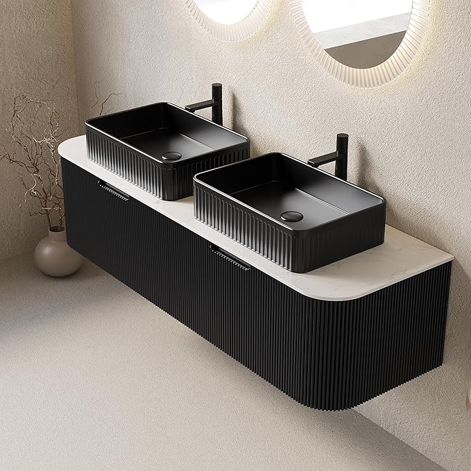 60'' Bathroom Vanities Cabinet with Sink, Wall Mounted Floating Cabinet W/Curved Edges Stripes, Oak Plywood, Soft-Close System with 2 Drawer & 2 Black Rectangular Ceramic Basin - Kiel, Black/B