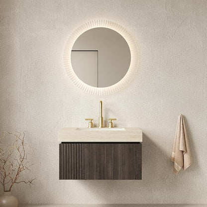 KEIKI 30 Inch Floating Bathroom Vanity with Sink, Espresso & Beige | Modern Wall Mounted Storage Cabinet w/ Drawer & Door, Pre-assembled Wood Panels, Sintered Stone Top & Ceramic Basin Combo Set