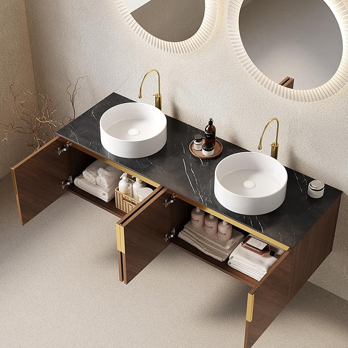 Bathroom Vanity with Double Sink, Floating Vanity with Round Vessel Sink 60 Inch, Wall-Mounted Plywood Bathroom Sink Cabinet with 4 Doors, Black Sintered Stone Countertop, Brown Oak