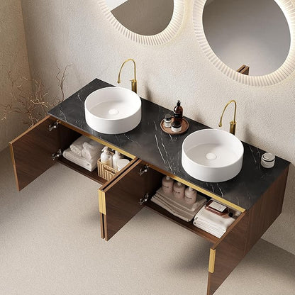 Bathroom Vanity with Double Sink, Floating Vanity with Round Vessel Sink 60 Inch, Wall-Mounted Plywood Bathroom Sink Cabinet with 4 Doors, Black Sintered Stone Countertop, Brown Oak