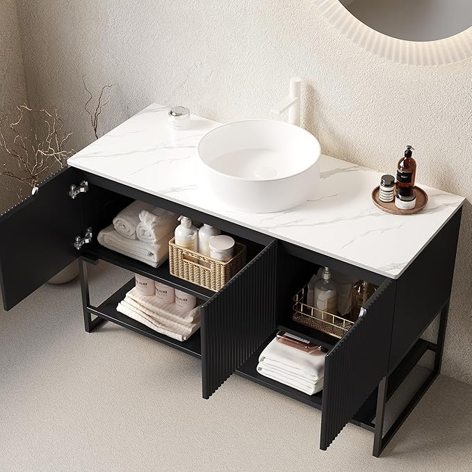 Ambrovina 48" Bathroom Vanity with Sink, Freestanding Bathroom Storage Cabinet with 3 Doors and Open Shelf, White Round Ceramic Basin and Carrara White Sintered Stone Countertop, Gloss Black