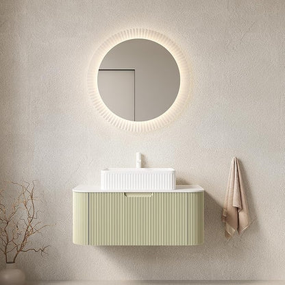 Yayzy 36" Floating Bathroom Vanity with Sink, Solid Wood Fluted Cabinet, White Fluted Square Ceramic Basin & Faux Marble Top, Soft-Close Drawer, Pre-Assembled, Light Green