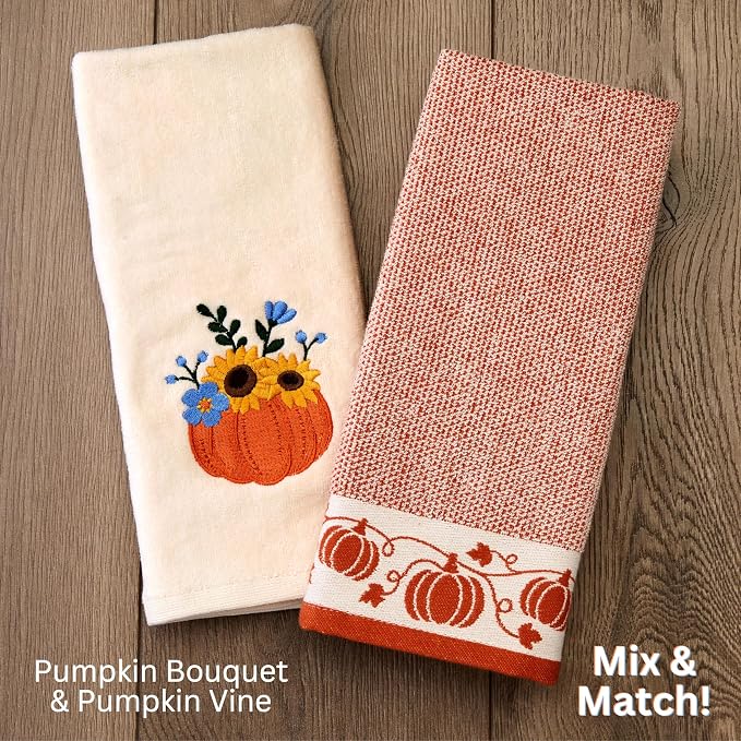 SKL Home Fall/Thanksgiving Pumpkin Bouquet Hand Towel Set-2pc, Natural | 100% Cotton. Soft, embroidered velour. For use in the bathroom, kitchen or bar & gifting.
