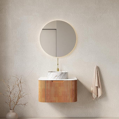 Yayzy 24" Floating Bathroom Vanity with Sink, Solid Wood Fluted Cabinet, White Marble-Patterned Ceramic Basin & Faux Marble Top, Soft-Close Drawer, Pre-Assembled, Natural Woodgrain