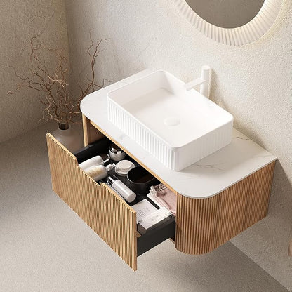 30'' Floating Bathroom Vanity with Sink, Modern Storage Vanities with Rectangular Ceramic Basin and Marble Top, Extra Large Drawer, Soft-Close Design, Pre-Assembled Cabinet, Nature Wood